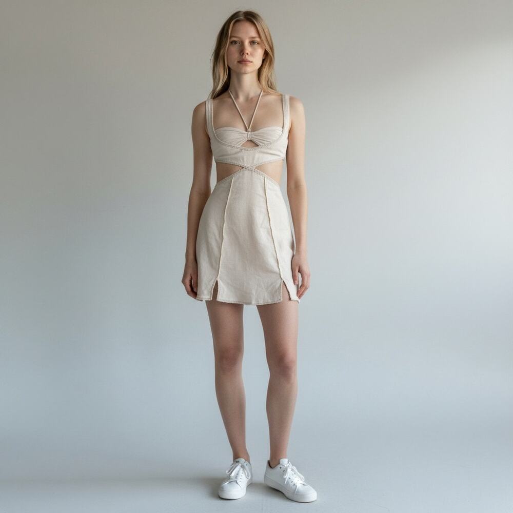 Bydee Women Cream Pearl Cutout Adriana Mini Dress Size XS NWT